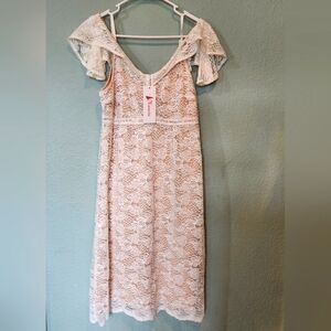 Cream Crochet Floral Lace Cold Off Shoulder Cap Sleeve Boho Midi Dress Small NWT